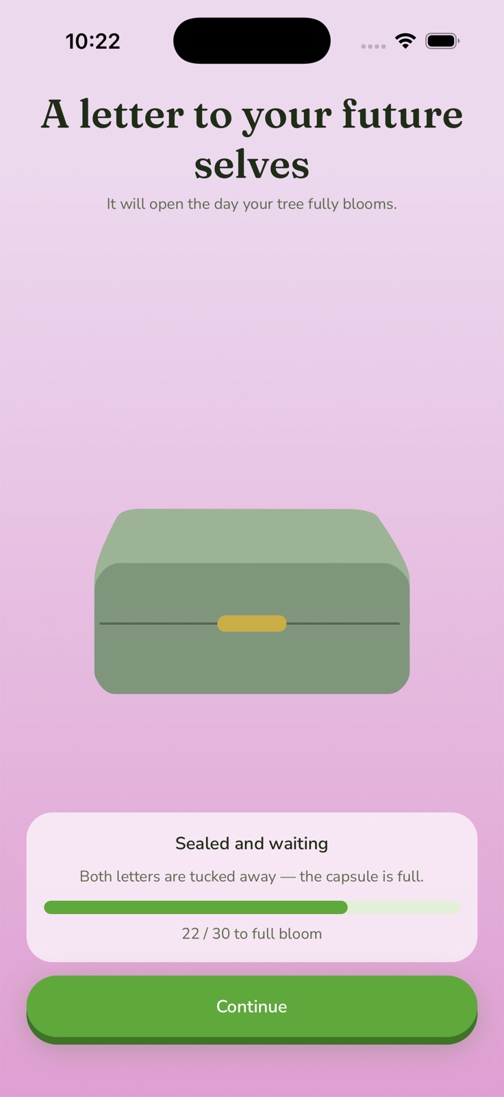 Time Capsule screen: a sealed letter to your future selves, opening when the tree fully blooms