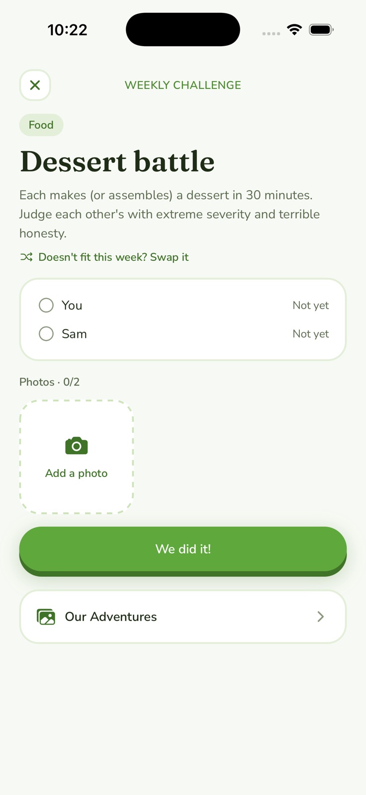 Weekly Challenge screen: Dessert battle — each partner makes a dessert in 30 minutes