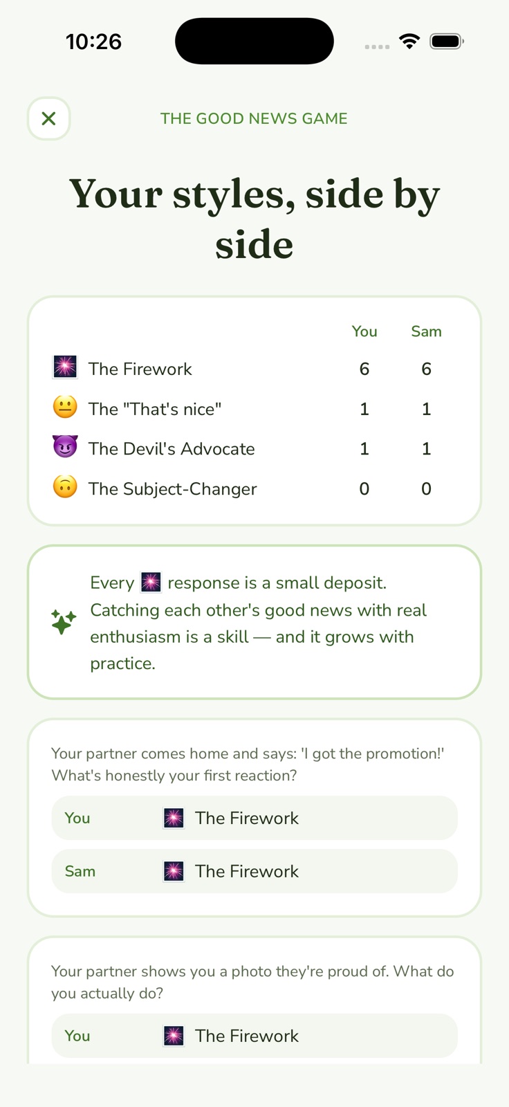 The Good News Game results: both partners' response styles compared side by side