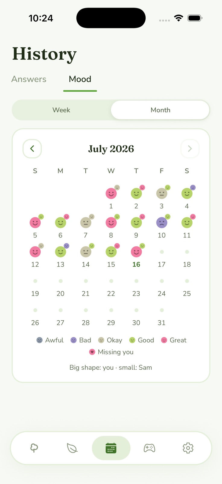 Mood history calendar showing both partners' daily moods across July