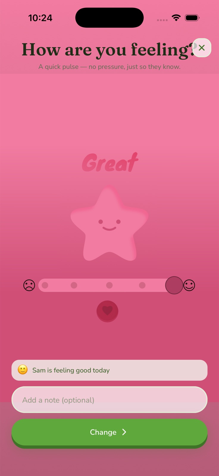 Mood check-in screen with a friendly slider from awful to great